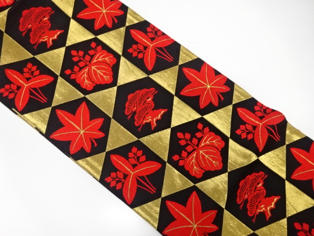 アンティーク　幾何学に笠松・桐・沢瀉模様織り出し踊り帯(着用可)